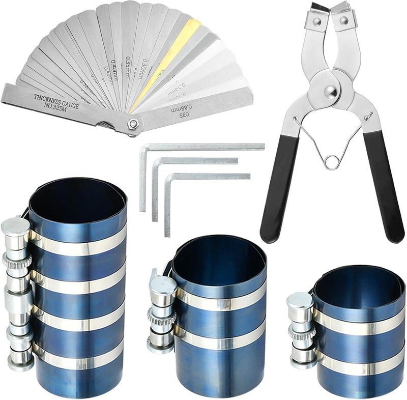 Worldity 8Pcs 3" 4" 6" Piston Ring Compressor, Car Engine Piston Ring Compressor Tool with Pliers, Hex key and Stainless Steel Feeler Gauge, Piston Ring Installation Tool for Car Engine - Image 1